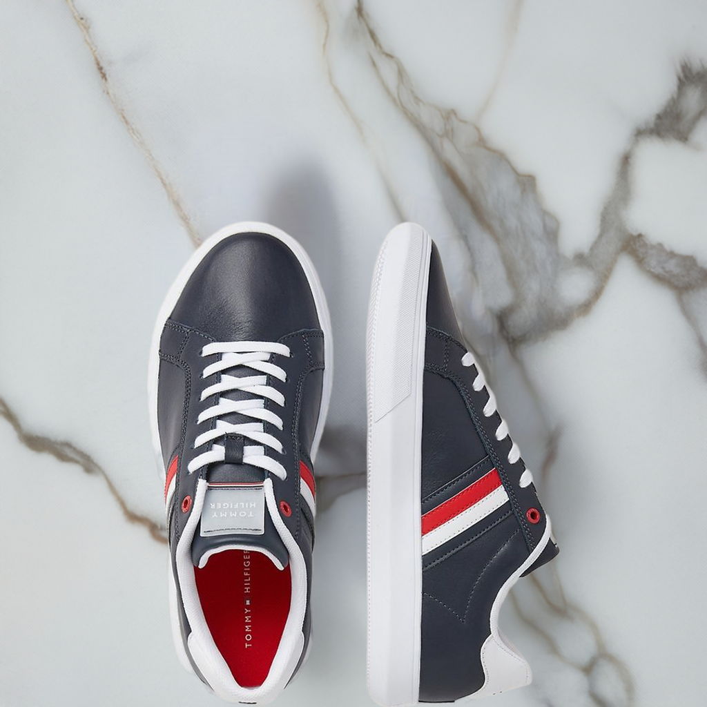 Side View of the Tommy Hilfiger Stripe Leather Cupsole Sneakers