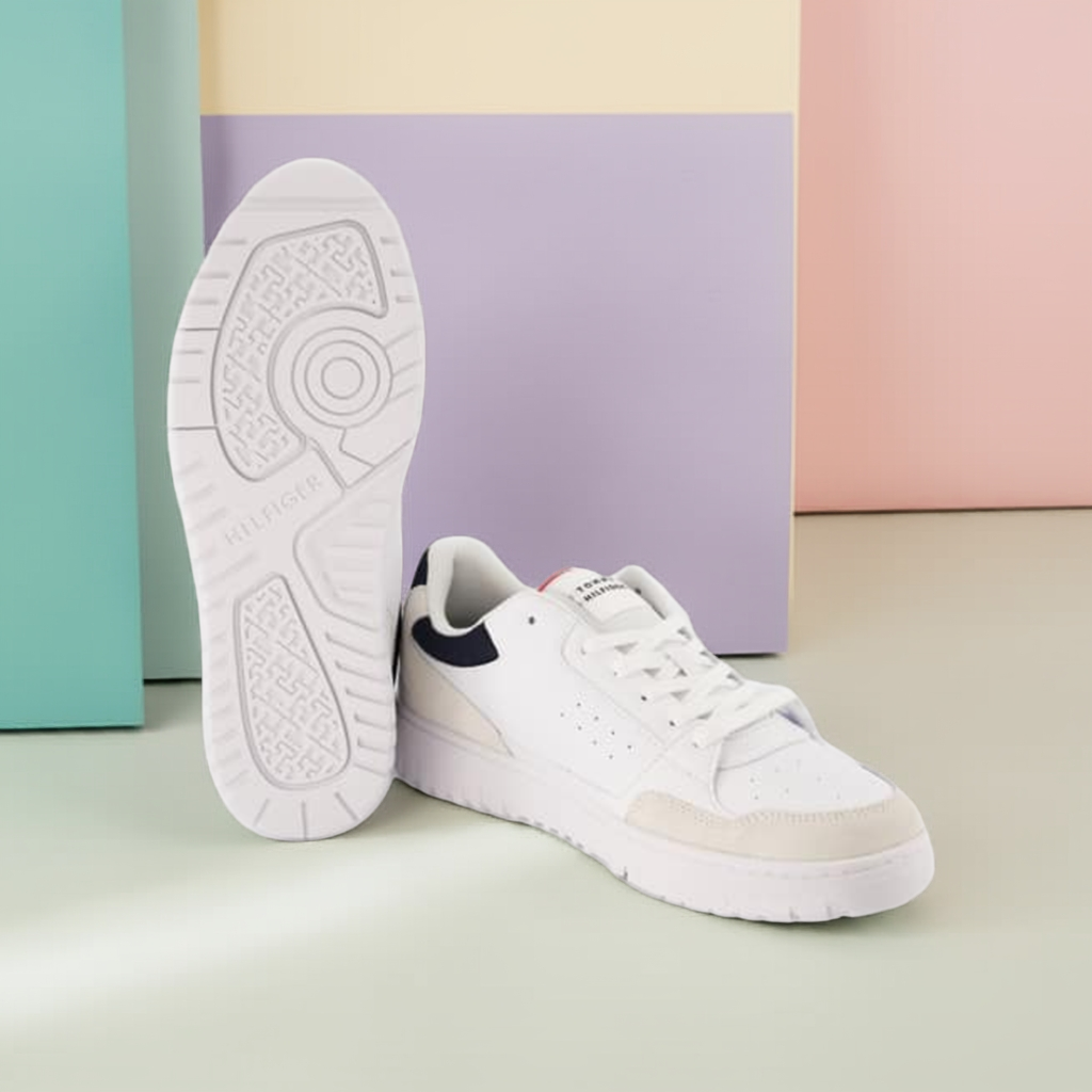 A pair of white Tommy Hilfiger Sneakers featuring navy blue and red accents