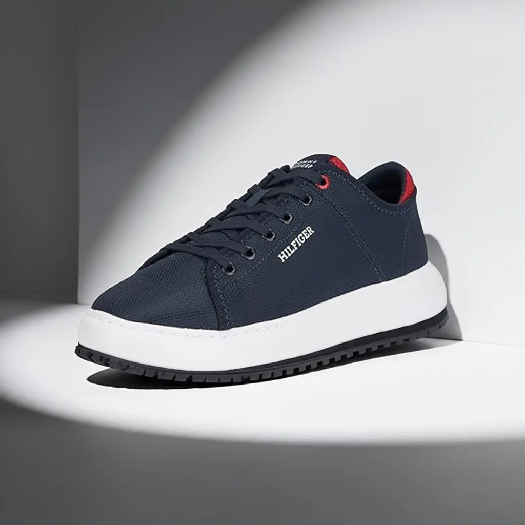 Tommy Hilfiger Navy Blue Sneakers Side View with red accents and white sole, featuring the logo on the outer side